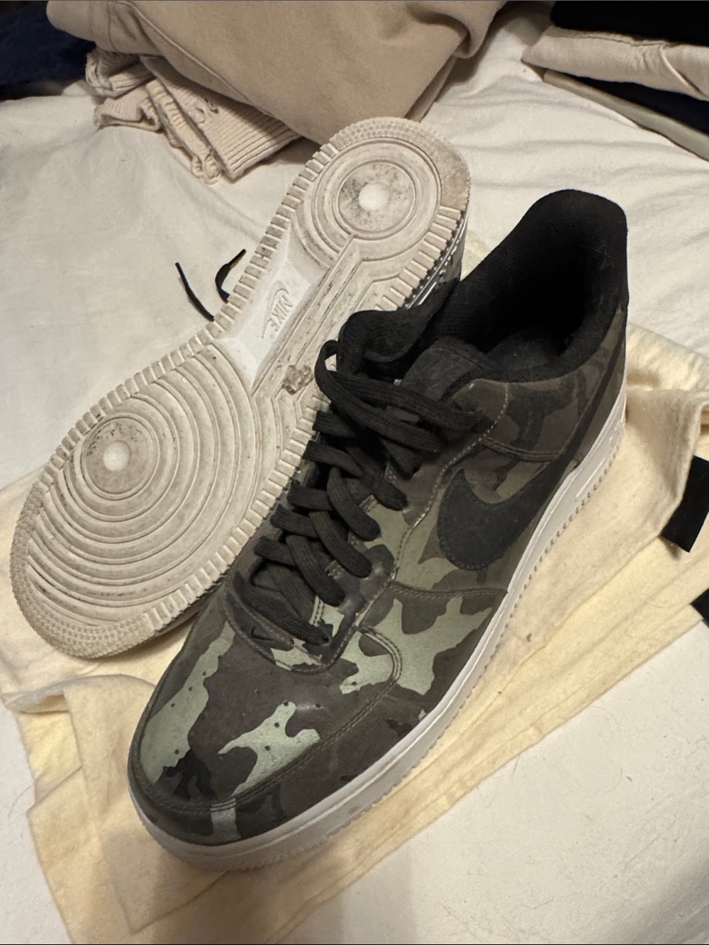 Nike Air Force 1 Low — Olive Camo and Black Sneakers
